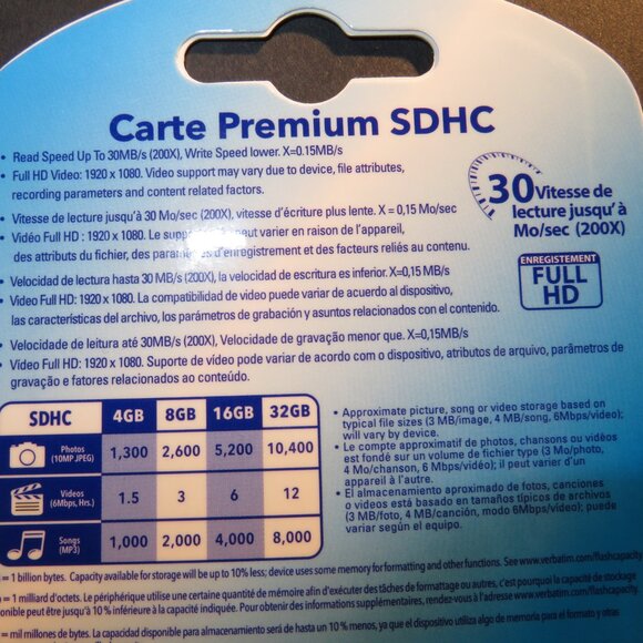 Verbatim 96318 Class 10 SDHC Memory Card 8GB UPC 0023942963189 NIB NEW box of 4 - Picture 4 of 6